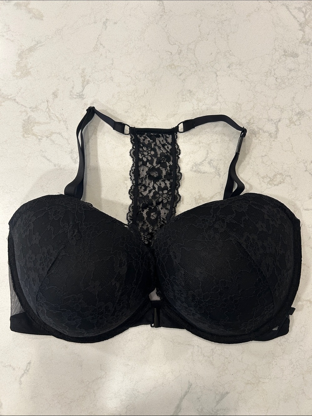 Victoria’s Secret Black Lace Racerback Front Closure Push-Up Bra 38DDD Plus‎ NWT